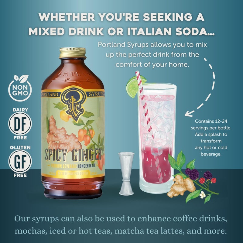 Portland Syrups Spicy Ginger Syrup - Extra Spicy Heat and Fresh Ginger Flavor - Premium Beverage Concentrate for Cocktails, Mocktails, Tea, and More - 12 oz with 24 Servings (Pack of 2) - Image 2